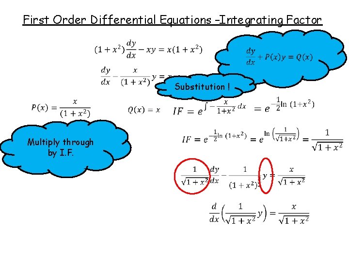 First Order Differential Equations –Integrating Factor Substitution ! Multiply through by I. F. 