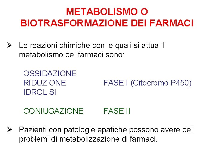 METABOLISMO O BIOTRASFORMAZIONE DEI FARMACI Ø Le reazioni chimiche con le quali si attua