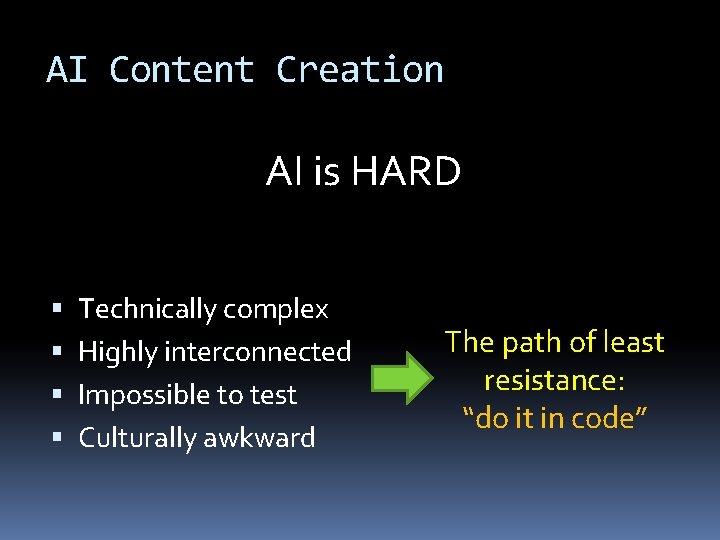 AI Content Creation AI is HARD Technically complex Highly interconnected Impossible to test Culturally