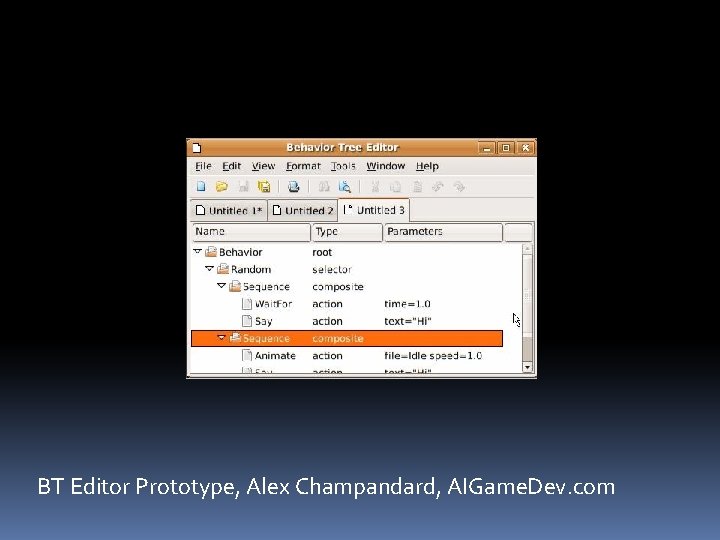 BT Editor Prototype, Alex Champandard, AIGame. Dev. com 