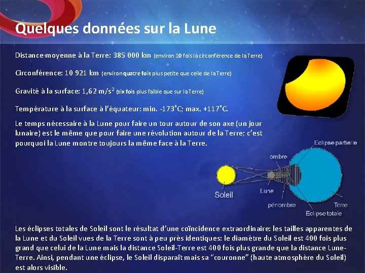 Quelques données sur la Lune Distance moyenne à la Terre: 385 000 km (environ