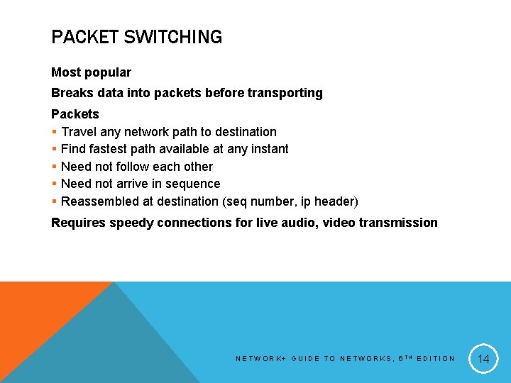 PACKET SWITCHING Most popular Breaks data into packets before transporting Packets § Travel any