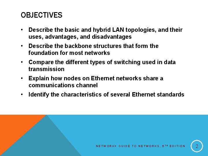 OBJECTIVES • Describe the basic and hybrid LAN topologies, and their uses, advantages, and