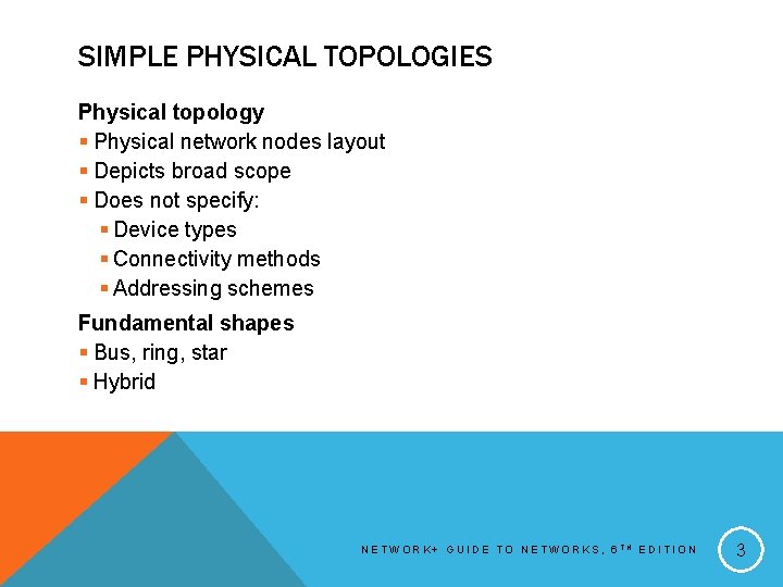 SIMPLE PHYSICAL TOPOLOGIES Physical topology § Physical network nodes layout § Depicts broad scope