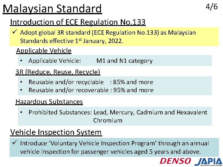 Malaysian Standard 4/6 Introduction of ECE Regulation No. 133 ü Adopt global 3 R