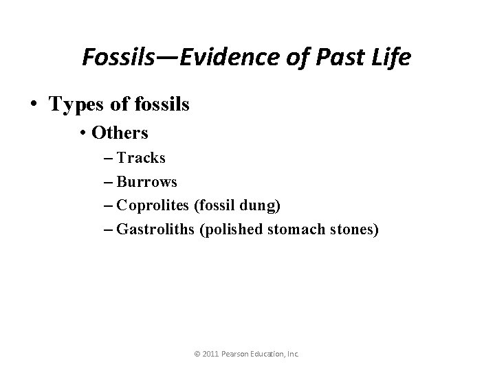 Fossils—Evidence of Past Life • Types of fossils • Others – Tracks – Burrows