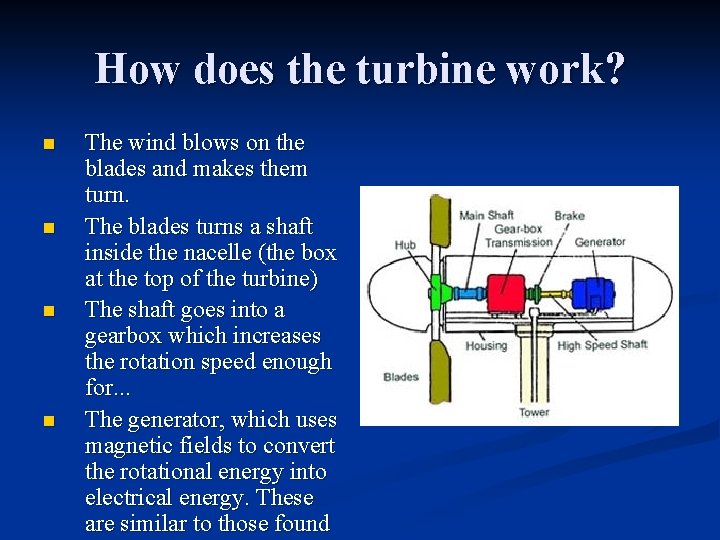 How does the turbine work? n n The wind blows on the blades and