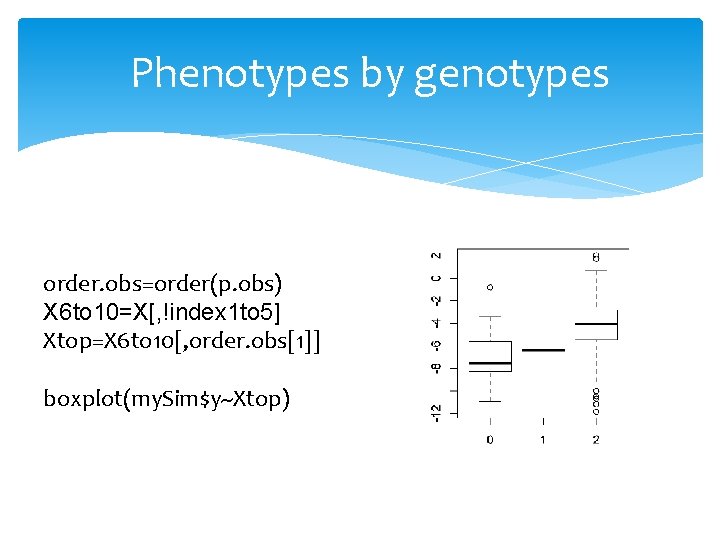 Phenotypes by genotypes order. obs=order(p. obs) X 6 to 10=X[, !index 1 to 5]