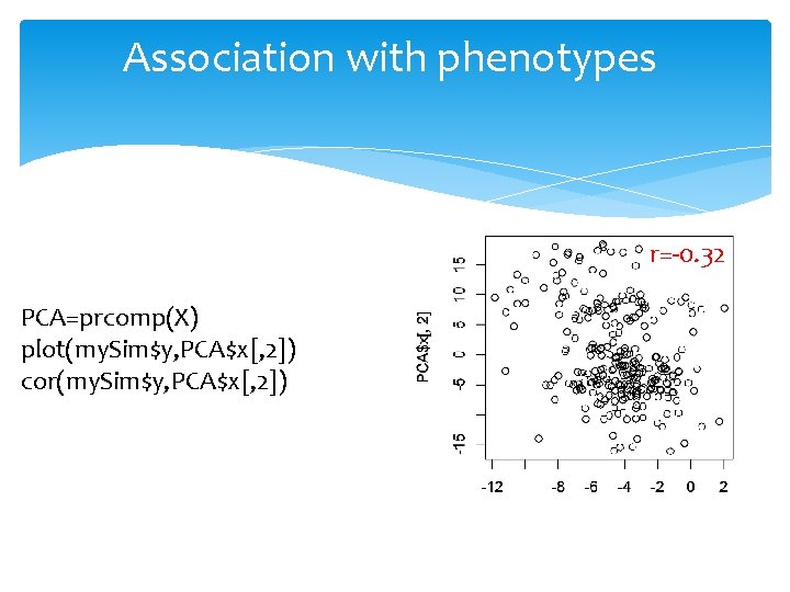 Association with phenotypes r=-0. 32 PCA=prcomp(X) plot(my. Sim$y, PCA$x[, 2]) cor(my. Sim$y, PCA$x[, 2])