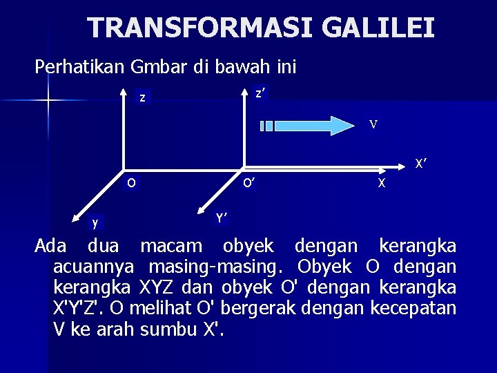 TRANSFORMASI GALILEI Perhatikan Gmbar di bawah ini z’ z V X’ O y O’