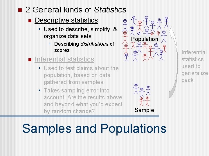 n 2 General kinds of Statistics n Descriptive statistics • Used to describe, simplify,