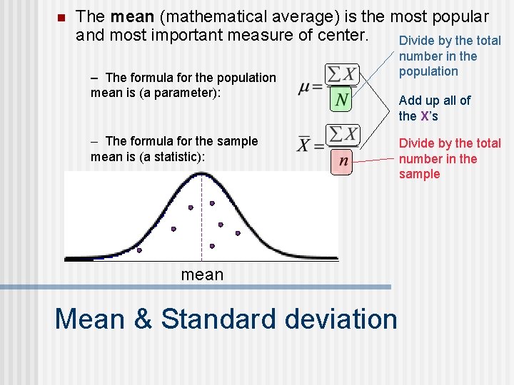 n The mean (mathematical average) is the most popular and most important measure of