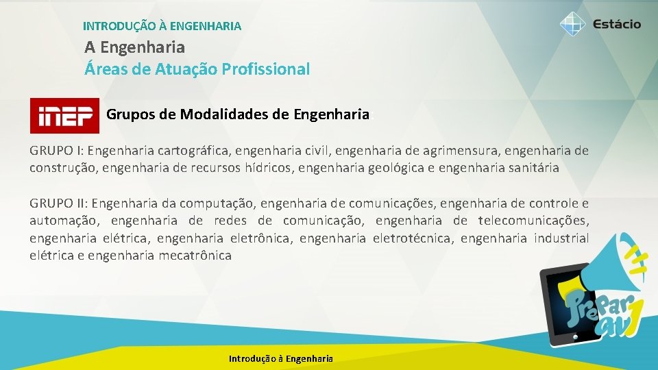 INTRODUÇÃO À ENGENHARIA A Engenharia Áreas de Atuação Profissional • Grupos de Modalidades de