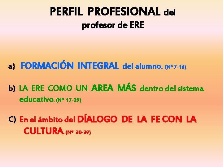 PERFIL PROFESIONAL del profesor de ERE a) FORMACIÓN INTEGRAL del alumno. (Nº 7 -16)