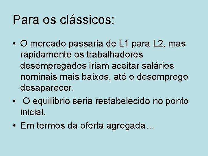 Para os clássicos: • O mercado passaria de L 1 para L 2, mas