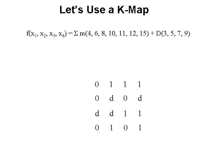 Let’s Use a K-Map f(x 1, x 2, x 3, x 4) = Σ