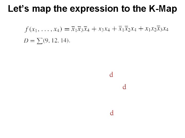 Let’s map the expression to the K-Map d d d 