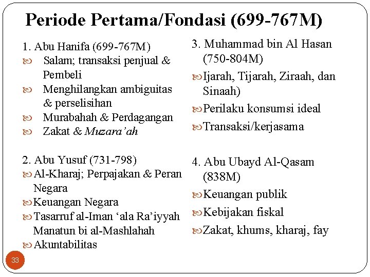 Periode Pertama/Fondasi (699 -767 M) 33 1. Abu Hanifa (699 -767 M) Salam; transaksi