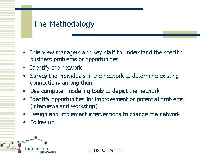 The Methodology w Interview managers and key staff to understand the specific business problems