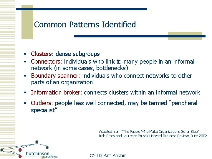 Common Patterns Identified w Clusters: dense subgroups w Connectors: individuals who link to many