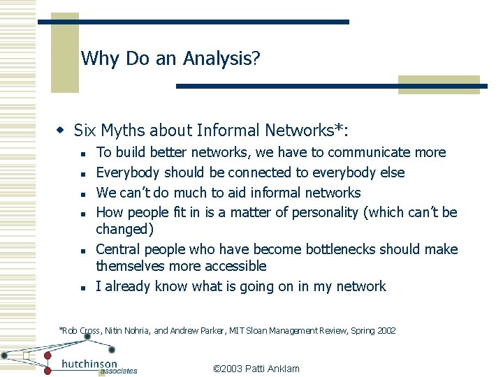 Why Do an Analysis? w Six Myths about Informal Networks*: n n n To