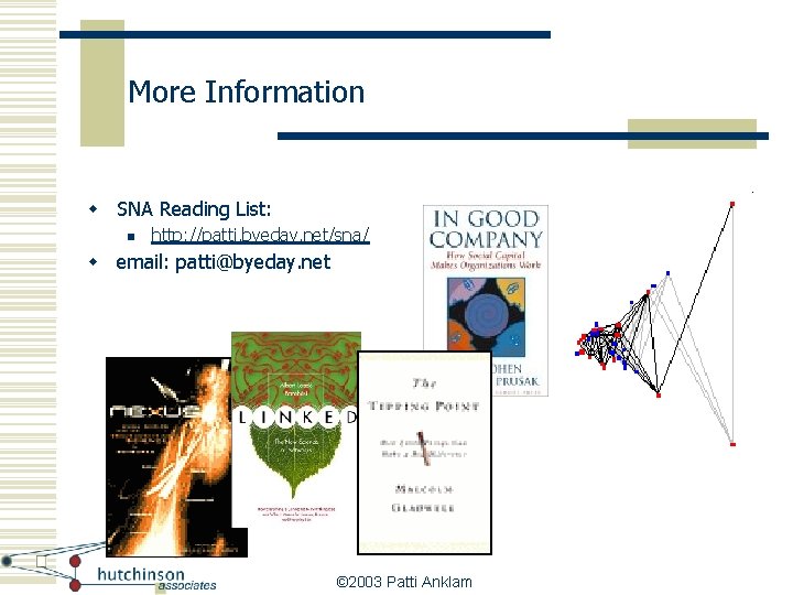 More Information w SNA Reading List: n http: //patti. byeday. net/sna/ w email: patti@byeday.