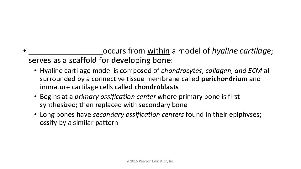  • _________occurs from within a model of hyaline cartilage; serves as a scaffold