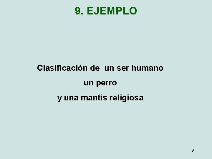 9. EJEMPLO Clasificación de un ser humano un perro y una mantis religiosa 9