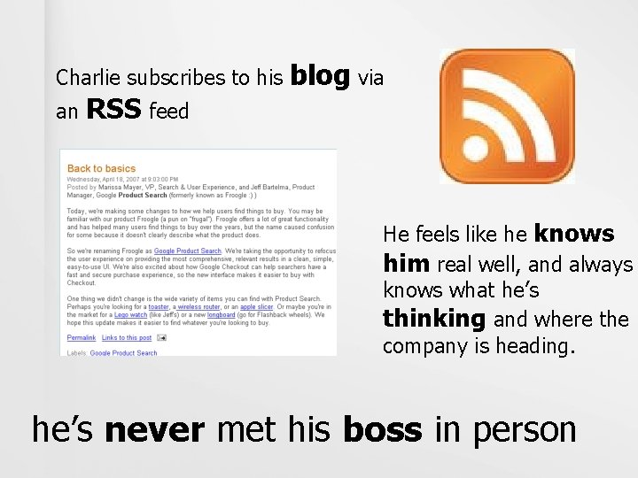 Charlie subscribes to his an RSS feed blog via He feels like he knows