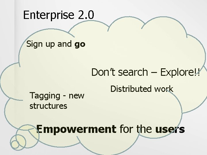 Enterprise 2. 0 Sign up and go Don’t search – Explore!! Tagging - new