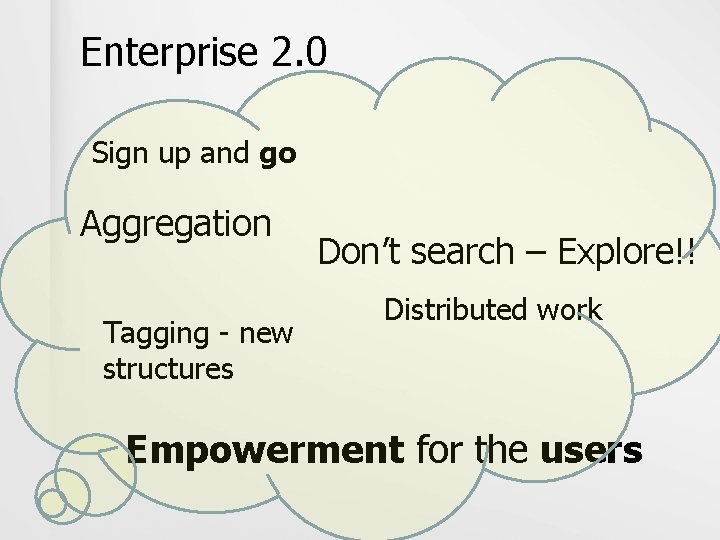 Enterprise 2. 0 Sign up and go Aggregation Tagging - new structures Don’t search