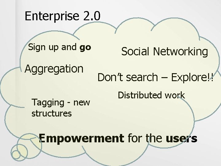 Enterprise 2. 0 Sign up and go Aggregation Tagging - new structures Social Networking