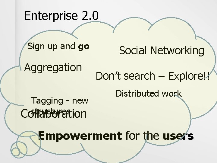 Enterprise 2. 0 Sign up and go Aggregation Tagging - new structures Collaboration Social