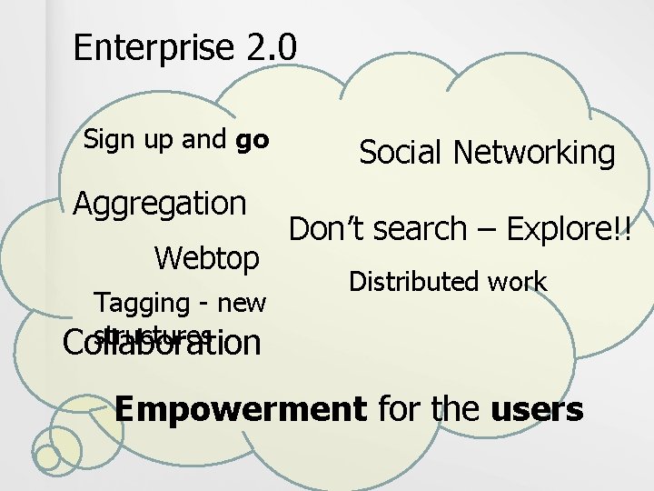 Enterprise 2. 0 Sign up and go Aggregation Webtop Tagging - new structures Collaboration