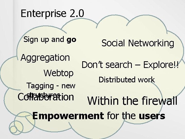 Enterprise 2. 0 Sign up and go Aggregation Webtop Tagging - new structures Collaboration