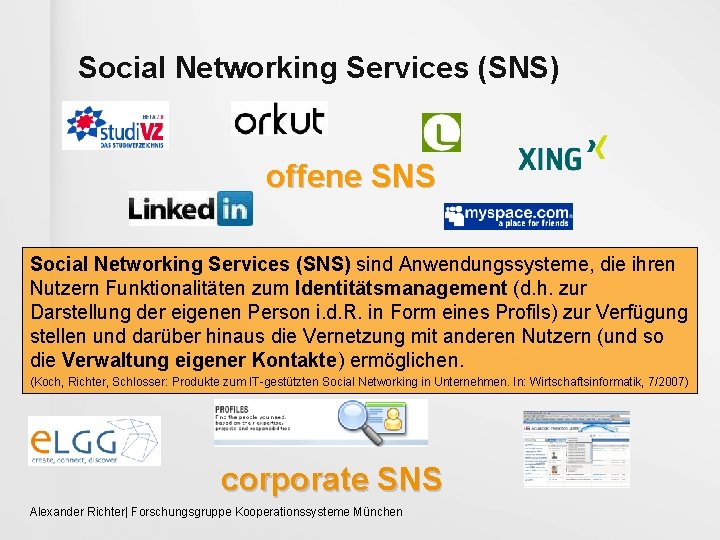 Social Networking Services (SNS) offene SNS Social Networking Services (SNS) sind Anwendungssysteme, die ihren