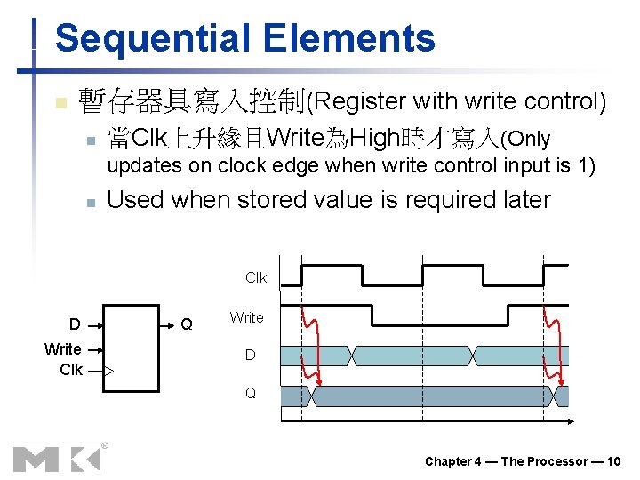 Sequential Elements n 暫存器具寫入控制(Register with write control) n 當Clk上升緣且Write為High時才寫入(Only updates on clock edge when Sequential Elements n 暫存器具寫入控制(Register with write control) n 當Clk上升緣且Write為High時才寫入(Only updates on clock edge when