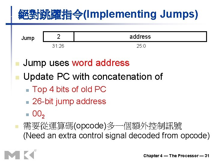 絕對跳躍指令(Implementing Jumps) Jump n n 2 address 31: 26 25: 0 Jump uses word 絕對跳躍指令(Implementing Jumps) Jump n n 2 address 31: 26 25: 0 Jump uses word