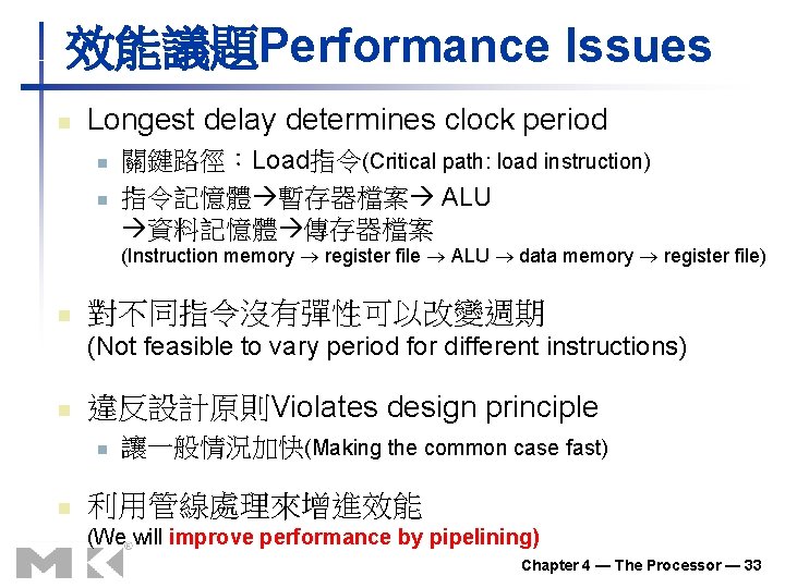 效能議題Performance Issues n Longest delay determines clock period n n 關鍵路徑:Load指令(Critical path: load instruction) 效能議題Performance Issues n Longest delay determines clock period n n 關鍵路徑:Load指令(Critical path: load instruction)