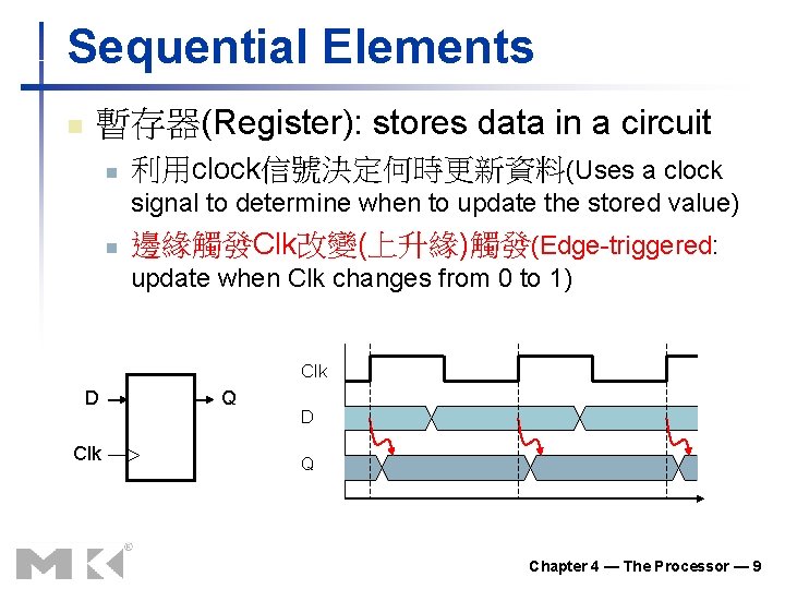 Sequential Elements n 暫存器(Register): stores data in a circuit n 利用clock信號決定何時更新資料(Uses a clock signal Sequential Elements n 暫存器(Register): stores data in a circuit n 利用clock信號決定何時更新資料(Uses a clock signal