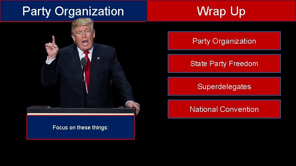 Party Organization Wrap Up Party Organization State Party Freedom Superdelegates National Convention Focus on