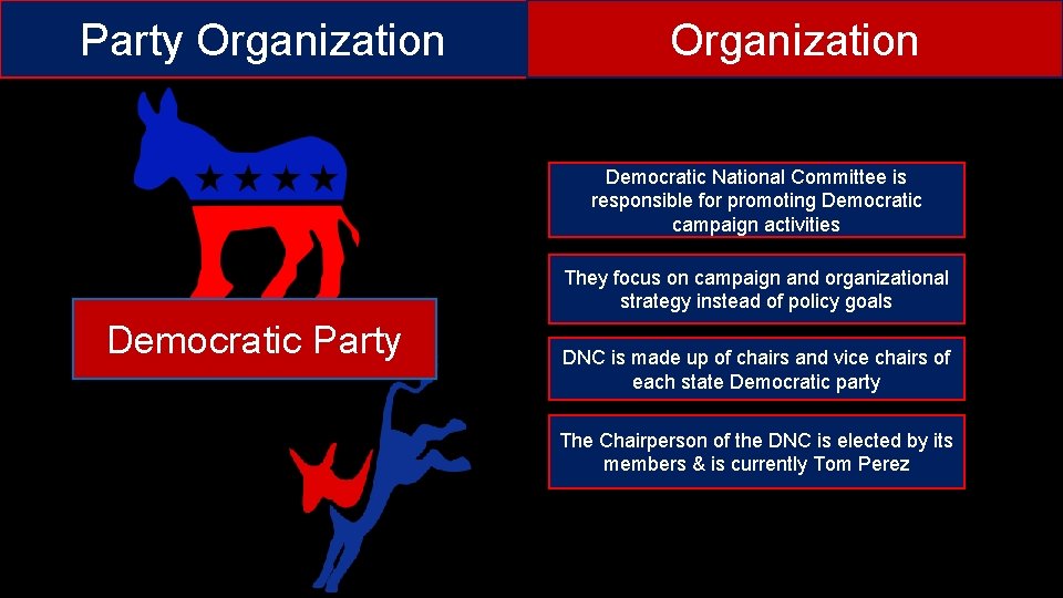 Party Organization Democratic National Committee is responsible for promoting Democratic campaign activities They focus