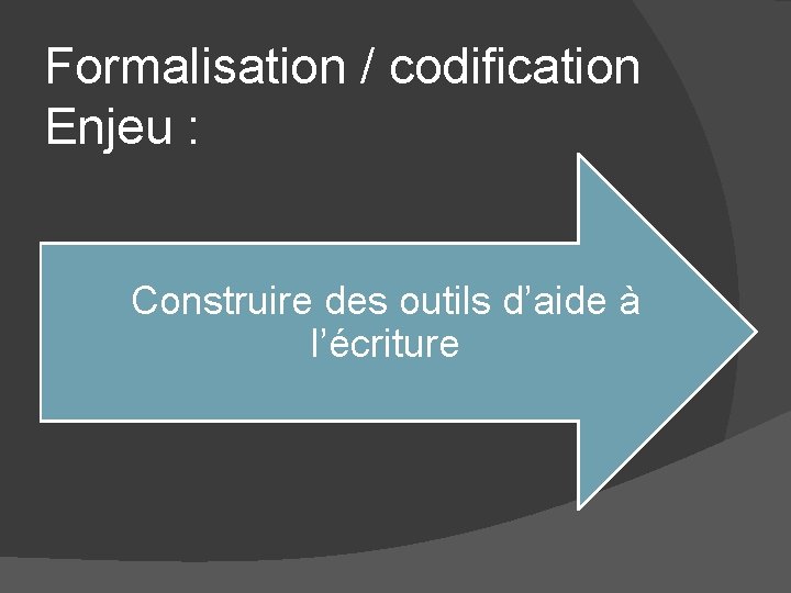 Formalisation / codification Enjeu : Construire des outils d’aide à l’écriture 