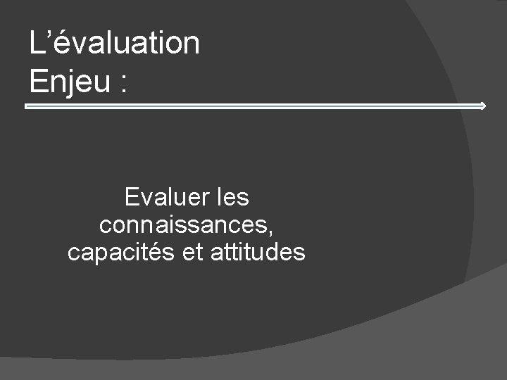 L’évaluation Enjeu : Evaluer les connaissances, capacités et attitudes 