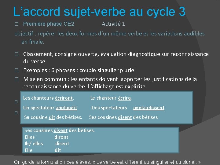 L’accord sujet-verbe au cycle 3 � Première phase CE 2 Activité 1 objectif :