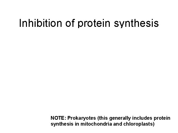 Inhibition of protein synthesis NOTE: Prokaryotes (this generally includes protein synthesis in mitochondria and