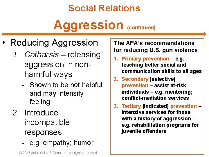 Social Relations Aggression (continued) • Reducing Aggression 1. Catharsis – releasing aggression in nonharmful