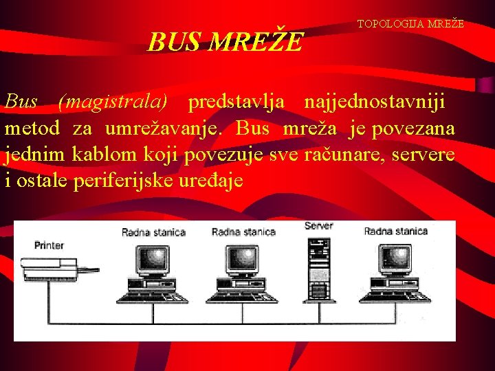 BUS MREŽE TOPOLOGIJA MREŽE Bus (magistrala) predstavlja najjednostavniji metod za umrežavanje. Bus mreža je