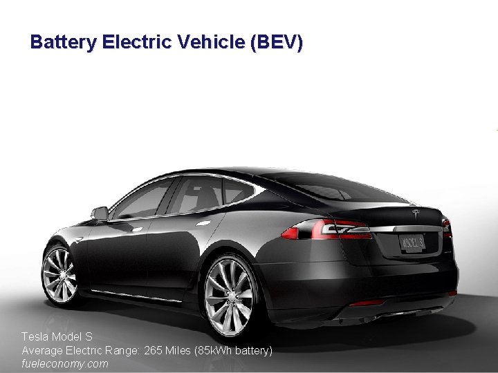 Battery Electric Vehicle (BEV) Tesla Model S Average Electric Range: 265 Miles (85 k.