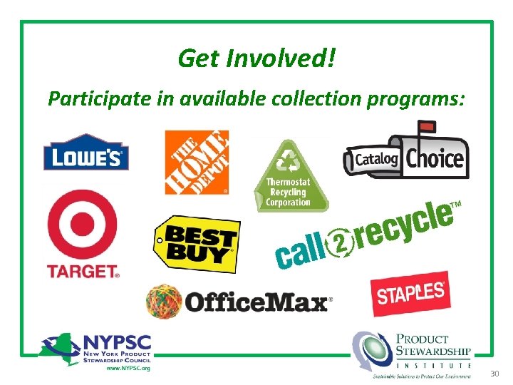 Take Advantage of Existing Programs Get Involved! Participate in available collection programs: 30 